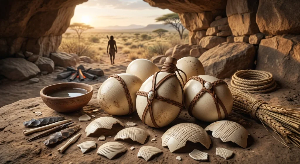 "Prehistoric engraved ostrich eggshells used as ancient water containers placed inside a rock shelter cave, featuring carved geometric patterns and leather straps alongside prehistoric stone tools."