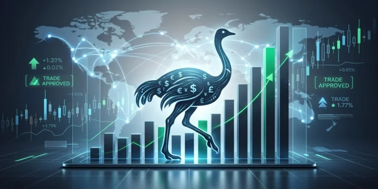 stylized digital trading interface displaying a rising ostrich icon amidst financial bar charts, stock indicators, and global trade symbols and the article explain global ostrich meat market size