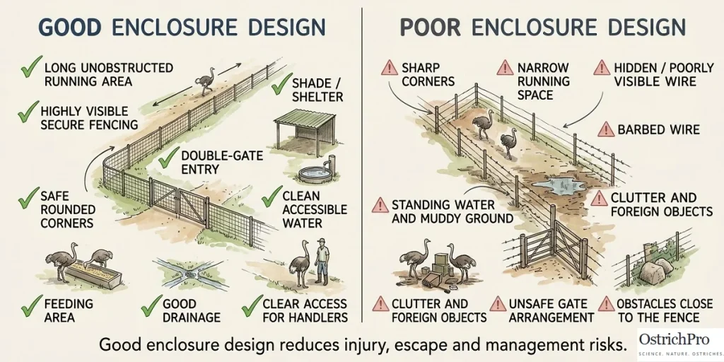 Good and bad ostrich enclosure design with safe fencing, drainage and running space
