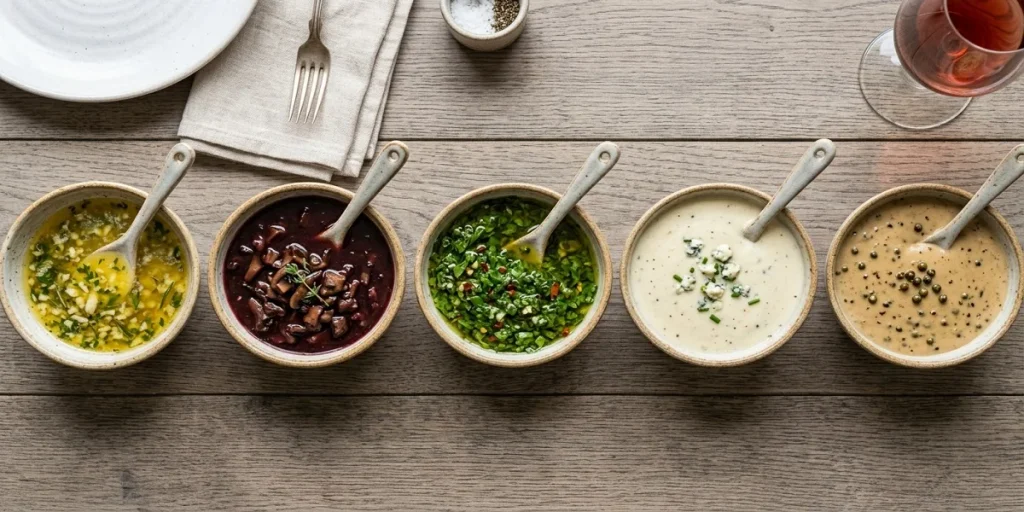 A top-down view of five gourmet sauces in small ceramic bowls lined up on a wooden table, including garlic butter, red wine mushroom reduction, green chimichurri, blue cheese cream sauce, and peppercorn sauce.