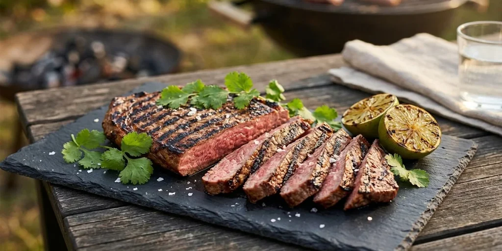 Sliced grilled ostrich steak with charred grill marks served on a dark slate board with lime wedges