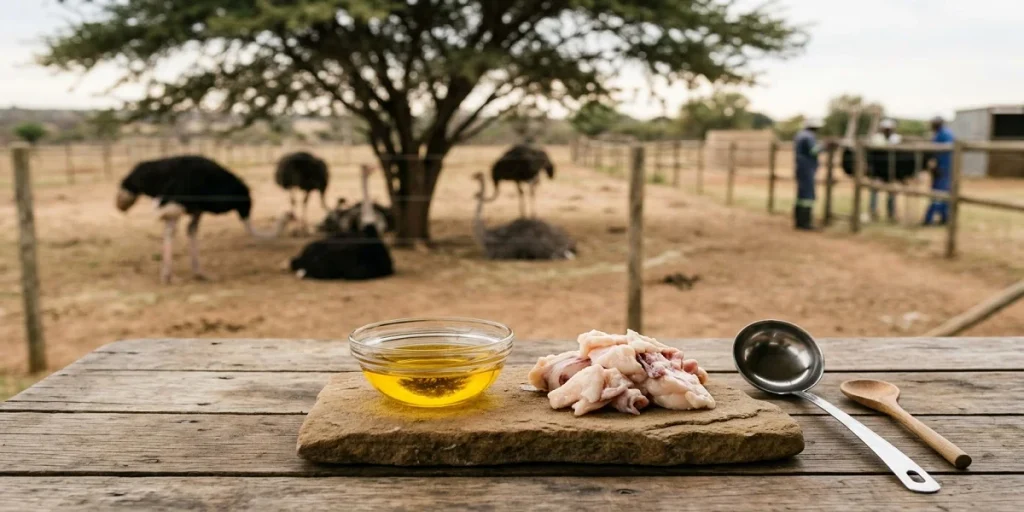 Golden ostrich oil beside ostrich fat before processing
