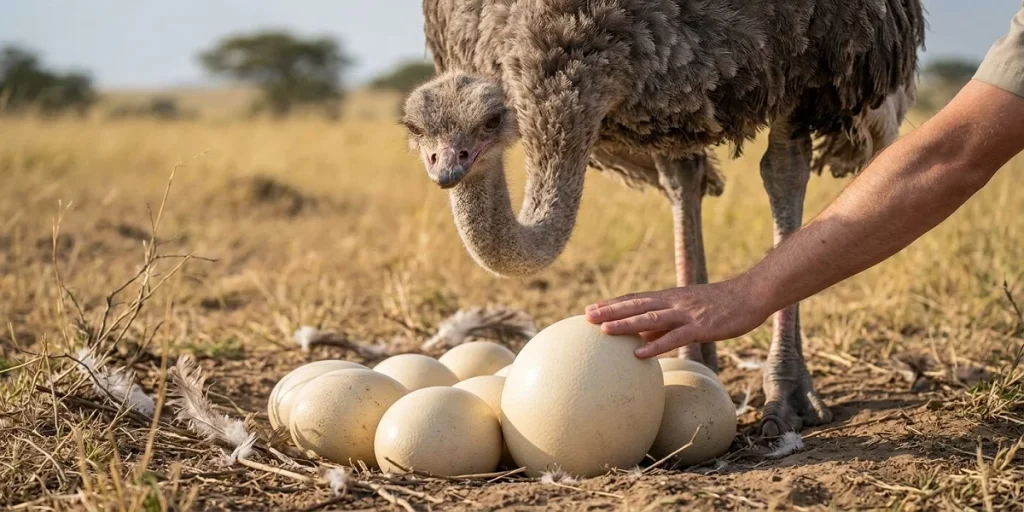 In a close-up photograph taken on the African savanna, the size of a giant ostrich egg in a ground nest is compared to a human hand placed next to it. The leg of the ostrich standing near the thick-shelled, cream-colored egg further emphasizes the scale of the scene.