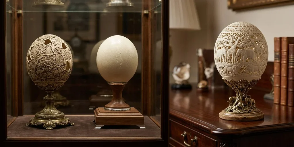 "A display of high-end ostrich eggshell art collectibles and mounted sculptures, featuring intricately carved eggs with floral and African wildlife motifs on ornate bronze and mahogany bases, presented inside an antique display case and on a mahogany table."