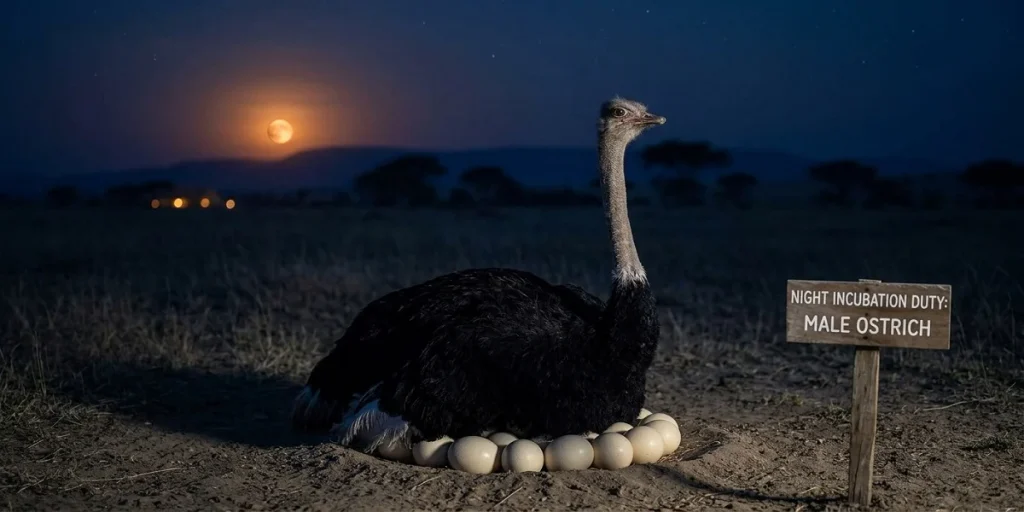 A nocturnal wildlife photograph showing a male ostrich with dark black plumage settled over a massive communal ground nest in the savanna. Under the soft glow of a setting moon, the bird blends into the night shadows. A weathered wooden sign near the nest reads: 'NIGHT INCUBATION DUTY: MALE OSTRICH'. The male bird is actively incubating the eggs.