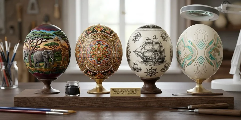 "A display of four modern decorated ostrich eggshells in an artist's studio showcasing different fine craft techniques: a 3D relief carving with African wildlife, an intricate Fabergé-style painted pattern with jewel details, a detailed scrimshaw engraving of a nautical sailing ship, and a delicate acid-etched geometric design on elegant wooden stands."