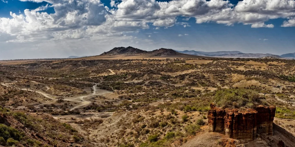 Olduvai Gorge in northern Tanzania, a fossil site where ancient ostrich eggshell fragments have been found