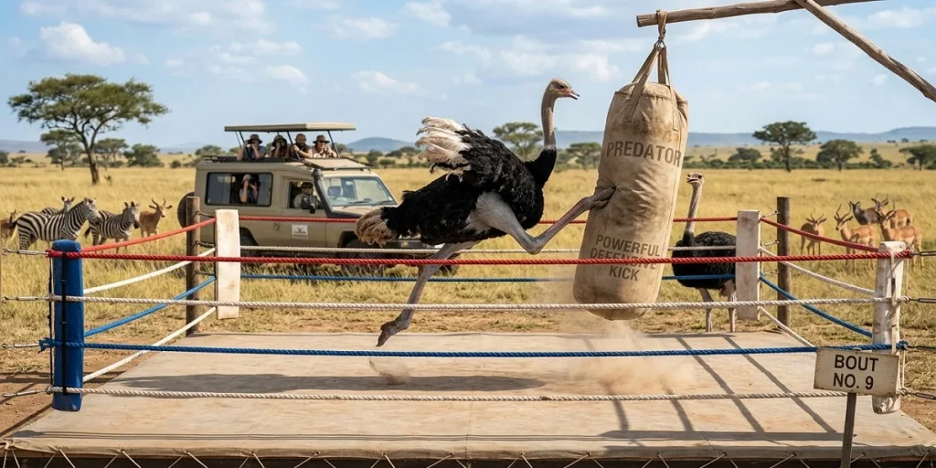 An ostrich in a boxing ring in the middle of the African savanna is seen fighting with boxing gloves against predators like a lion and a hyena. The surrounding spectator animals are watching this funny sight.