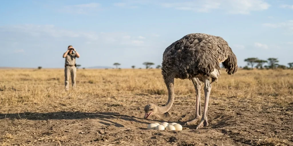 An ostrich in the African savanna lowering its head to check its eggs in the nest while a wildlife ranger observes from a distance using binoculars.