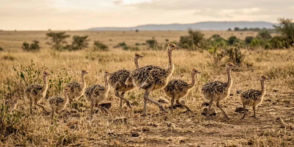 Ostrich chick care guide shows young ostrich chicks walking in a spacious enclosure