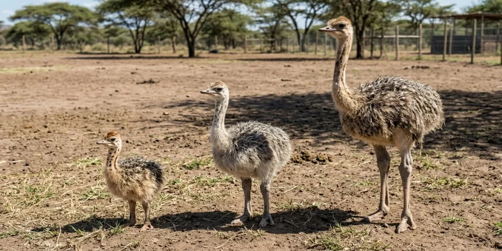 Ostrich chicks at different stages of early growth