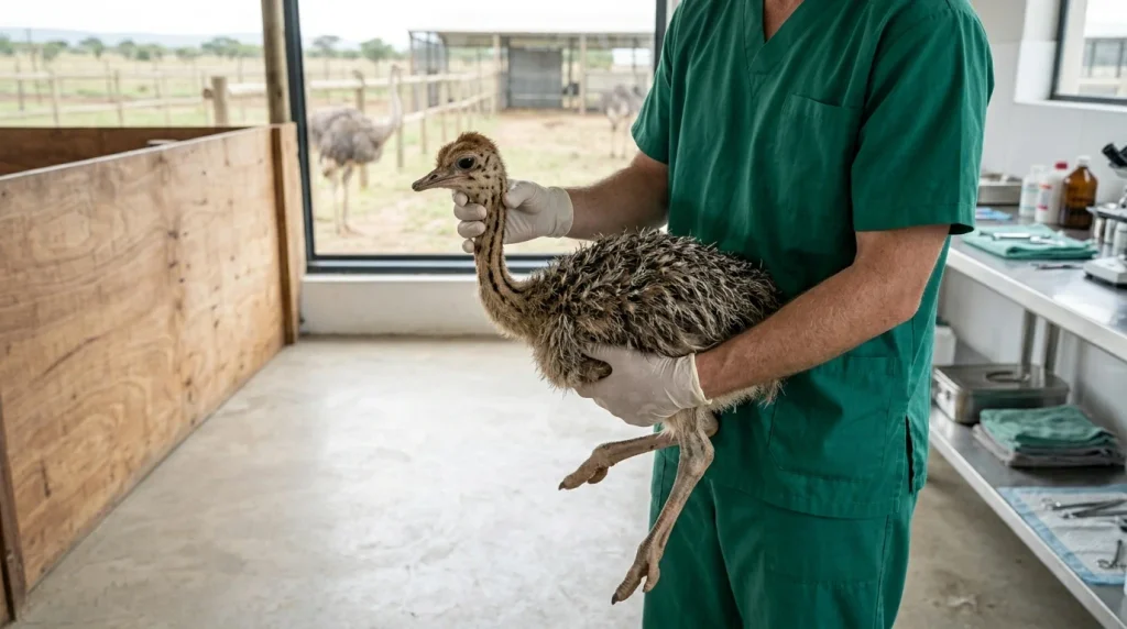Veterinarian examining a young ostrich chick