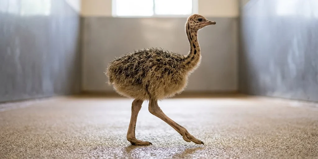 Young ostrich chicks exercising in a spacious enclosure