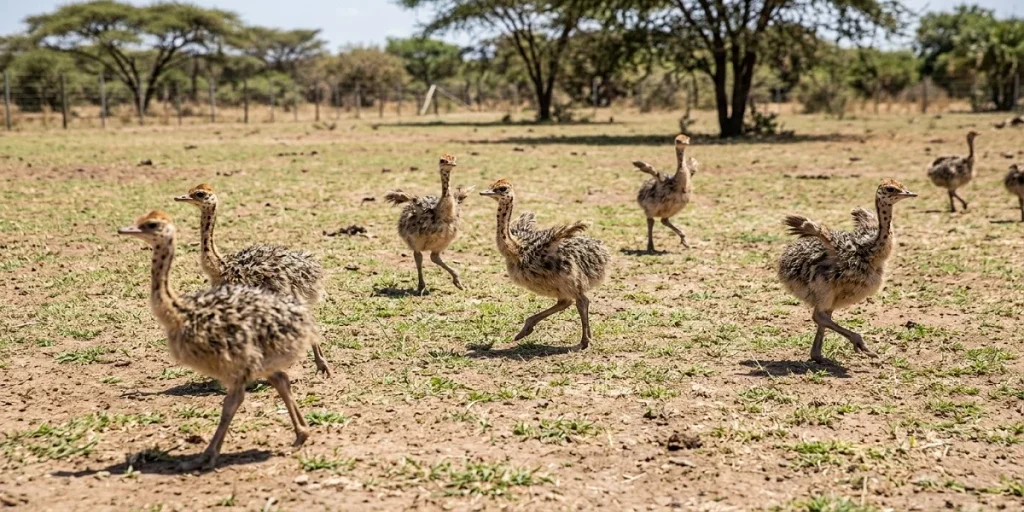Young ostrich chick standing on firm ground with healthy legs