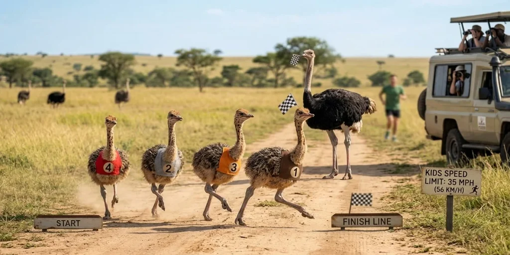 A humorous photograph of young ostrich chicks wearing numbered vests racing each other on a savanna dirt road. An adult ostrich stands on the side, holding a checkered flag, next to a sign that reads "KIDS SPEED LIMIT: 35 MPH (56 KM/H)." A safari vehicle is visible in the background.