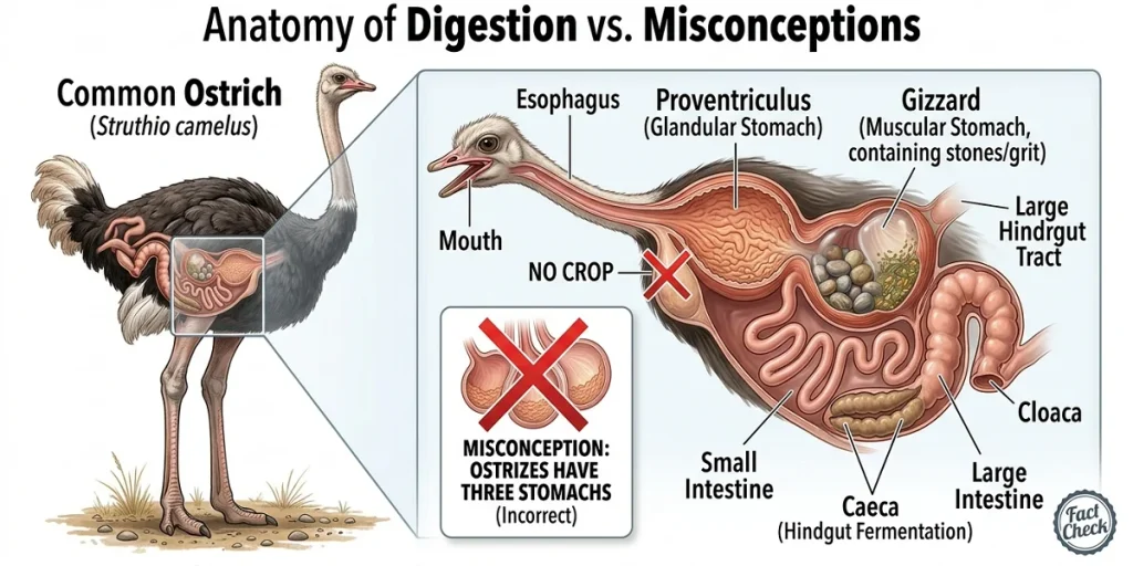 An anatomical educational diagram showing the actual digestive tract of a Common Ostrich, debunking the myth that ostriches have three stomachs. The diagram highlights the esophagus, proventriculus (glandular stomach), muscular gizzard containing stones, small intestine, dual caeca, and cloaca. A inset box marks the "three stomachs" claim with a red cross, highlighting the correct anatomy with clear labels.