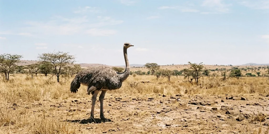 An ostrich standing in a dry African savanna landscape under the sun.