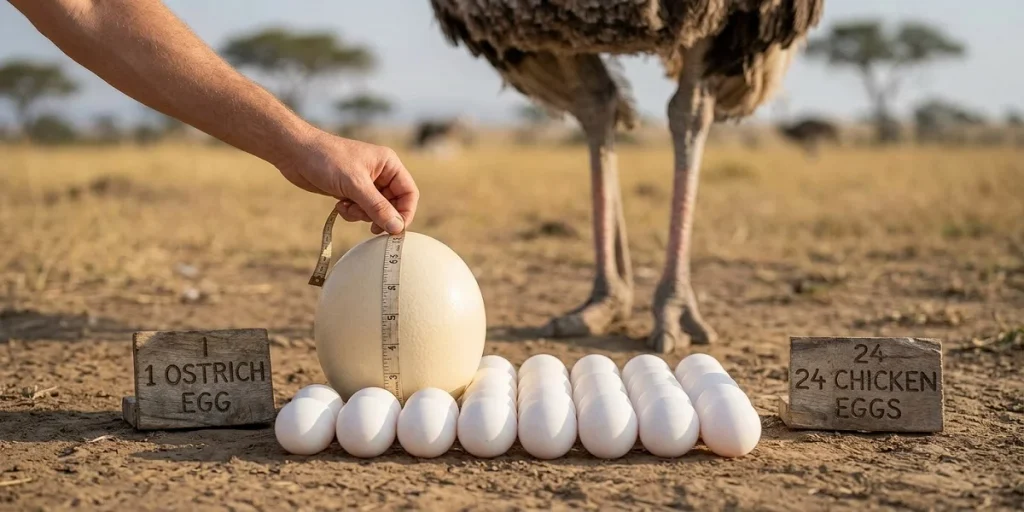 Close-up showing one massive ostrich egg surrounded by exactly 24 standard chicken eggs on the dusty savanna ground. Signs read '1 OSTRICH EGG' and '24 CHICKEN EGGS'. A human hand with a measuring tape emphasizes the scale, with the female ostrich visible in the background.