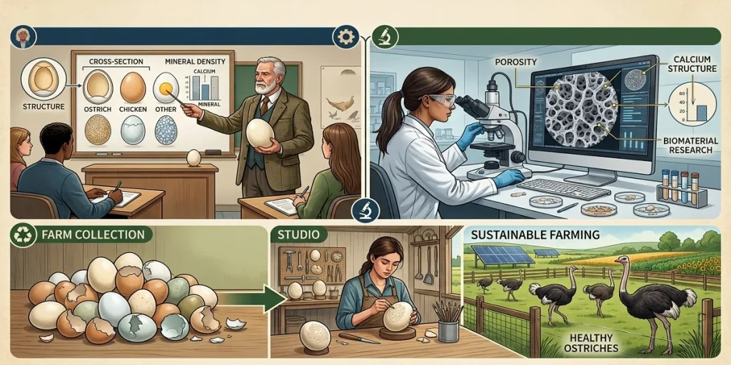 "A multi-panel infographic illustrating scientific, educational, and sustainable uses of ostrich eggshells, including a classroom demonstrating bird biology, a scientist analyzing eggshell porosity in a lab, and a farm repurposing eggshells into carved art, featuring healthy ostriches and solar panels."