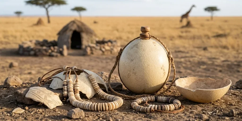 An intricate archaeological arrangement in an African savanna setting, featuring a complete ostrich eggshell converted into a water flask with a cord sling, multiple fragments carved into polished beads and a complete multi-strand necklace, etched shell pieces with patterns, and a carved shell bowl, all showcasing the diverse and long history of human use of these strong shells. The out-of-focus background shows a traditional hut and a giraffe.