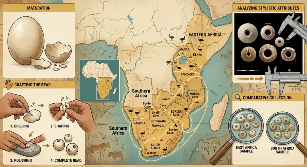 "A comprehensive infographic illustrating ancient ostrich eggshell bead trade networks and crafting processes across Eastern and Southern Africa. The image features trade routes mapped over Africa, step-by-step bead production stages (drilling, shaping, polishing), stylistic attribute analysis, and comparative collections."