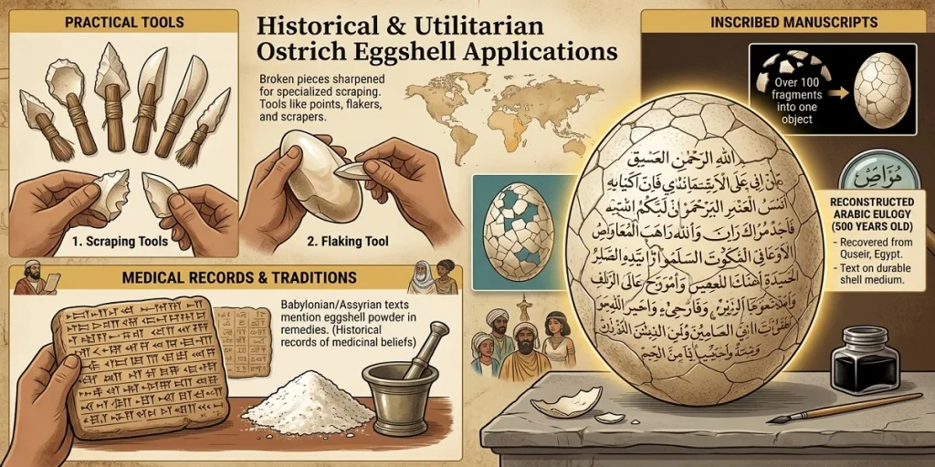 An educational infographic illustrating historical and utilitarian uses of ostrich eggshells, including tools like scrapers and flakers, medical references on cuneiform tablets with powder and mortar, and inscribed manuscripts featuring a reconstructed eggshell with 500-year-old Arabic calligraphy from Quseir, Egypt.