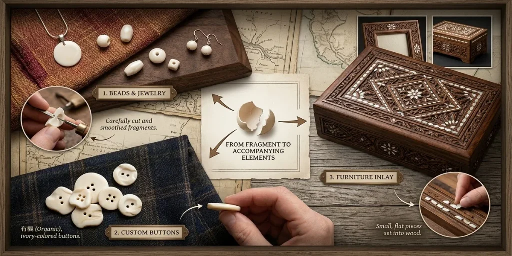 "A flat lay display showcasing craft uses of repurposed ostrich eggshell fragments: handmade beads and pendants for jewelry, organic ivory-colored buttons on textiles, and a fine handcrafted wooden box with delicate eggshell mosaic furniture inlay."