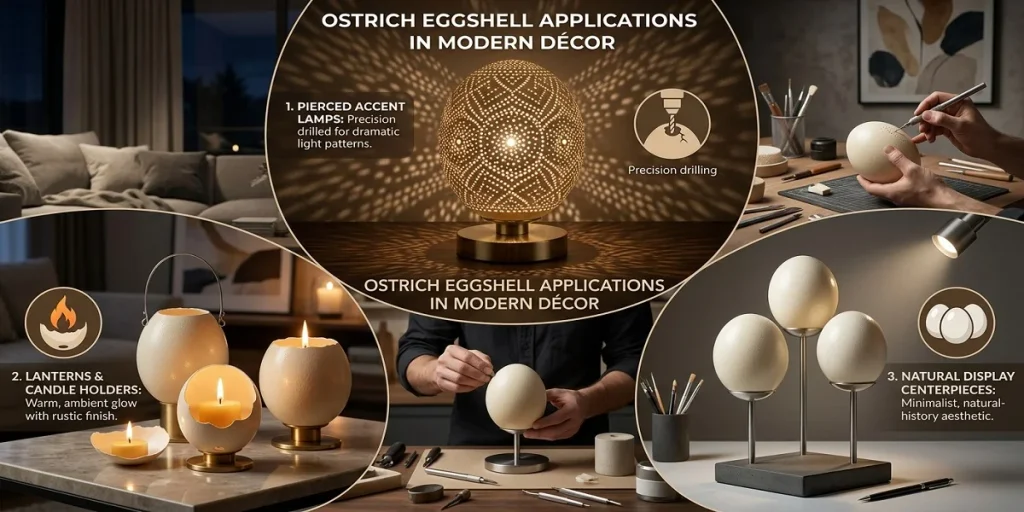 "An infographic showcasing modern interior design applications of ostrich eggshells, including a precision-drilled pierced accent lamp casting dramatic light patterns, candle holders and lanterns with a warm ambient glow, and minimalist natural display centerpieces on sleek metal stands."