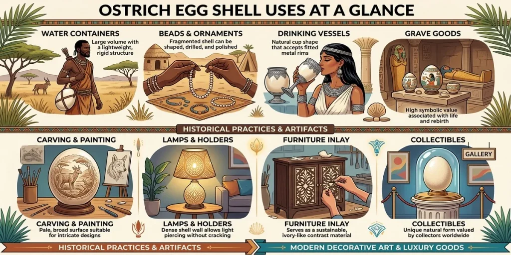"An educational infographic titled 'Ostrich Egg Shell Uses at a Glance' showing 8 different historical and modern applications: Water Containers, Beads & Ornaments, Drinking Vessels, Grave Goods, Carving & Painting, Lamps & Holders, Furniture Inlay, and Collectibles."