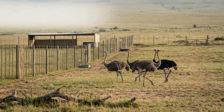 Adult ostriches in a spacious farm enclosure showing land requirements for ostrich farming and explain ostrich acres needed