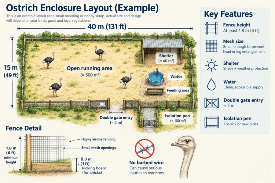 Ostrich enclosure requirements layout showing space, fencing, shelter and gates