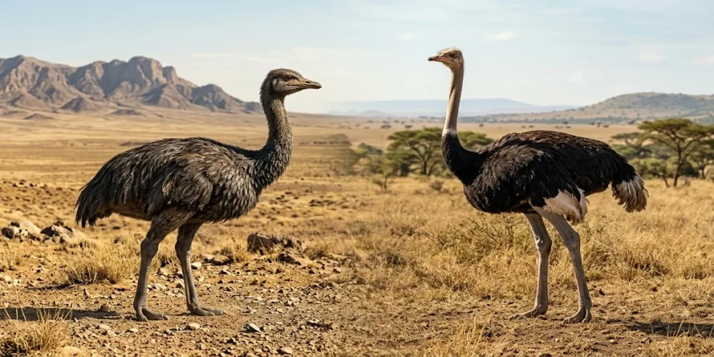 Modern ostrich alongside an ancient two-toed ostrich relative