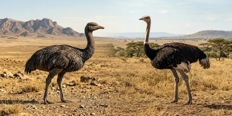 Modern ostrich alongside an ancient two-toed ostrich relative