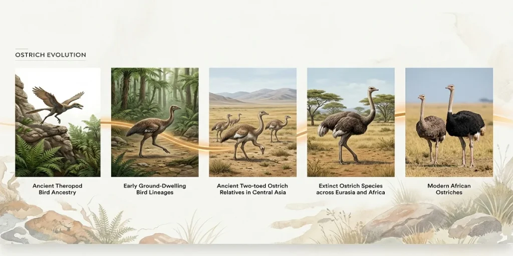 Evolutionary timeline of ostriches from ancient relatives to modern species