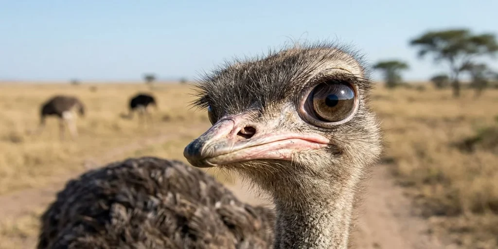 A close-up illustration of an ostrich head, highlighting that its eye is larger than its brain, for a fun fact listicle.