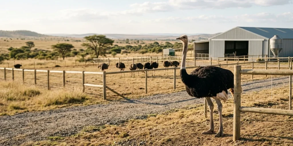 A healthy adult ostrich on a modern commercial farm with dry pasture and agricultural infrastructure, illustrating an ostrich farming business plan.