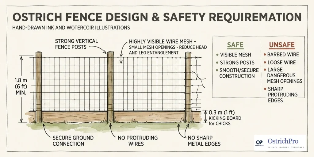 Ostrich fencing requirements showing 1.8 m fence height and safe mesh design