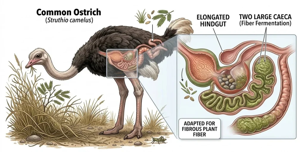 An anatomical illustration of a Common Ostrich grazing on savanna grasses, featuring a cutaway inset that highlights its digestive adaptations for plant fiber. The diagram points to the elongated hindgut and two large caeca responsible for microbial fiber fermentation, with minimal clean labels.