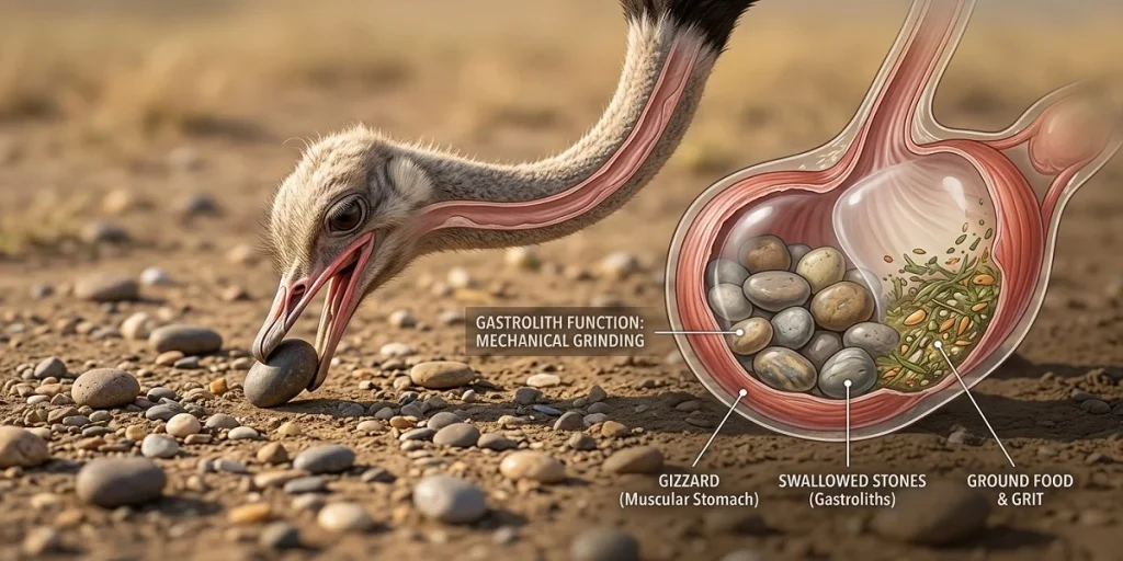 An educational anatomical diagram illustrating the digestive system of an adult Common Ostrich, showing a cutaway of the muscular gizzard. Swallowed gastrolith stones are visible inside the gizzard, grinding down food and grit through muscular contractions, with clear labels and a description of the 'GASTROLITH FUNCTION: MECHANICAL GRINDING'. An ostrich head is shown lowering toward savanna pebbles, indicating stone selection.