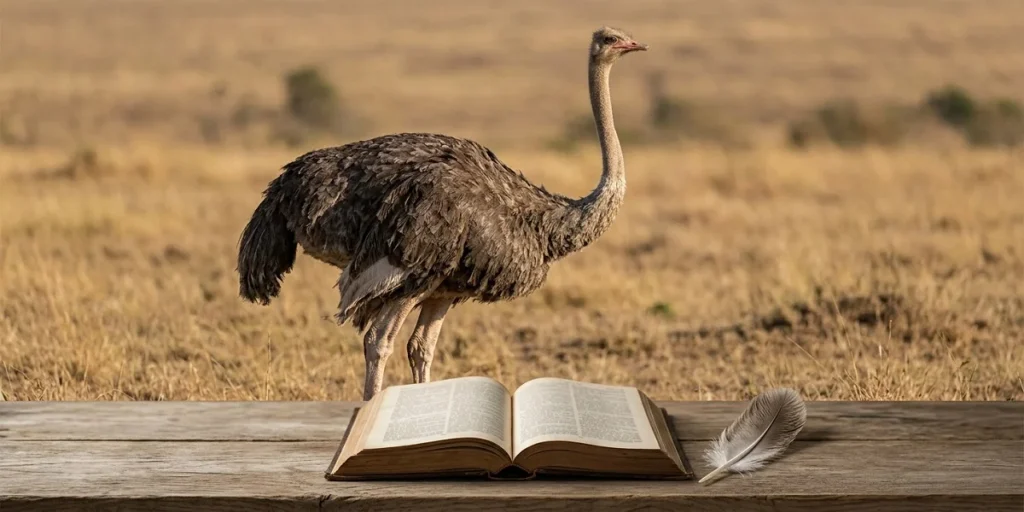 Ostrich standing beside an open Bible, illustrating what the Bible says about ostrich meat bible
