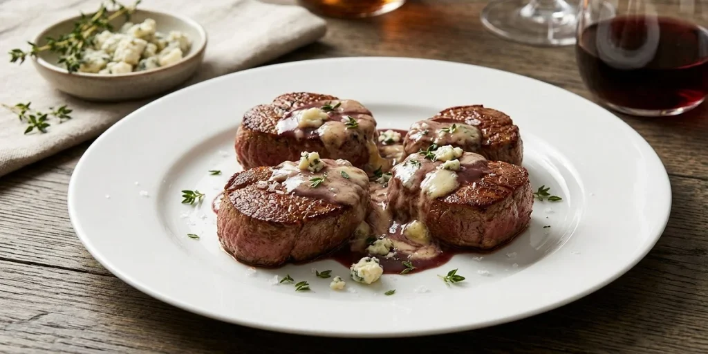 Seared ostrich medallions topped with rich port wine and blue cheese sauce on a plate