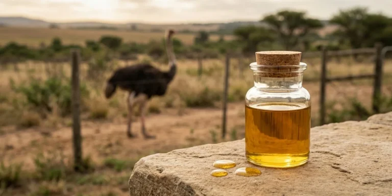 Ostrich oil in a glass jar with an ostrich in the background as an hero image for the article titled Ostrich Oil Benefits: Skin, Joint & Knee Pain