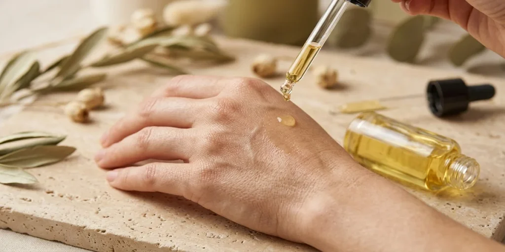 Golden ostrich oil being applied to the skin for moisturizing