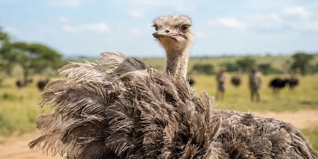 A detailed close-up photograph capturing the distinctively loose and shaggy texture of an ostrich's feathers, contrasting it with the tight flight feathers of other birds, as seen on the savanna.