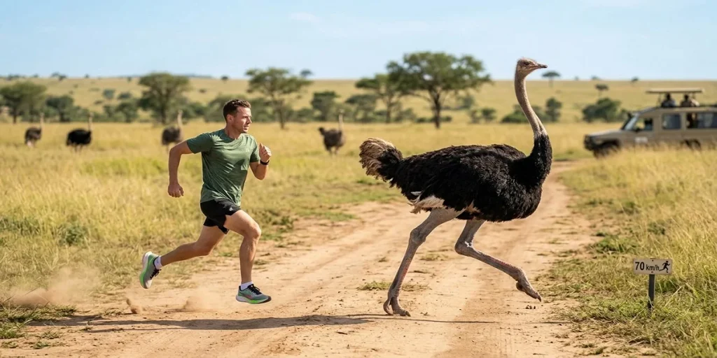 A full-body photograph comparing the running speed of a large male ostrich with an adult male human on a savanna dirt road, with a small speed limit sign reading "70 km/h."