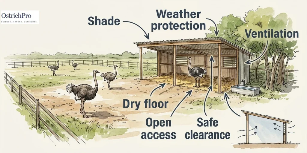 Ostrich shelter and shade design for an outdoor enclosure