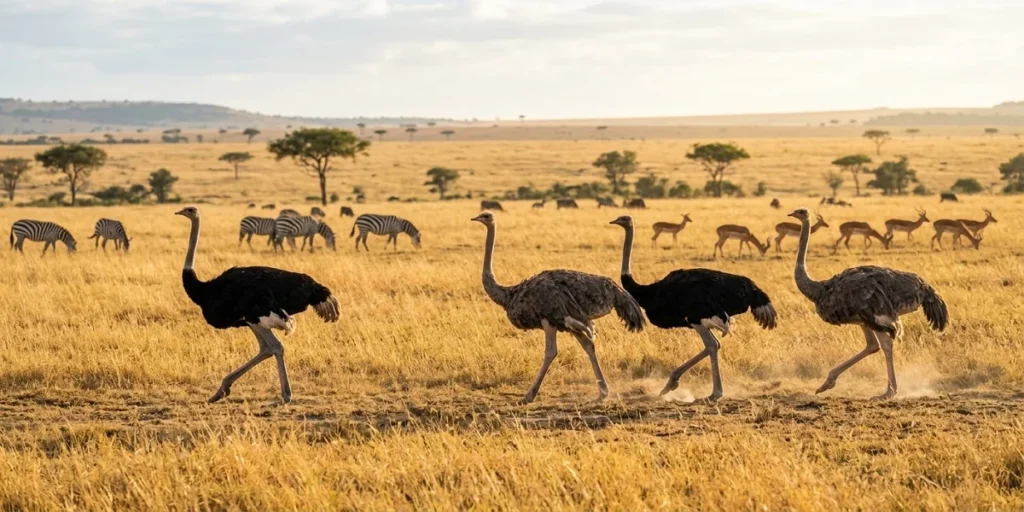 Ostriches moving together in a social group across the African savanna