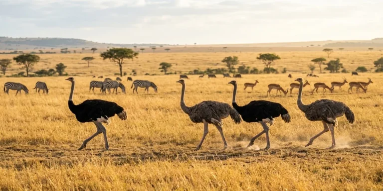 Ostriches moving together in a social group across the African savanna