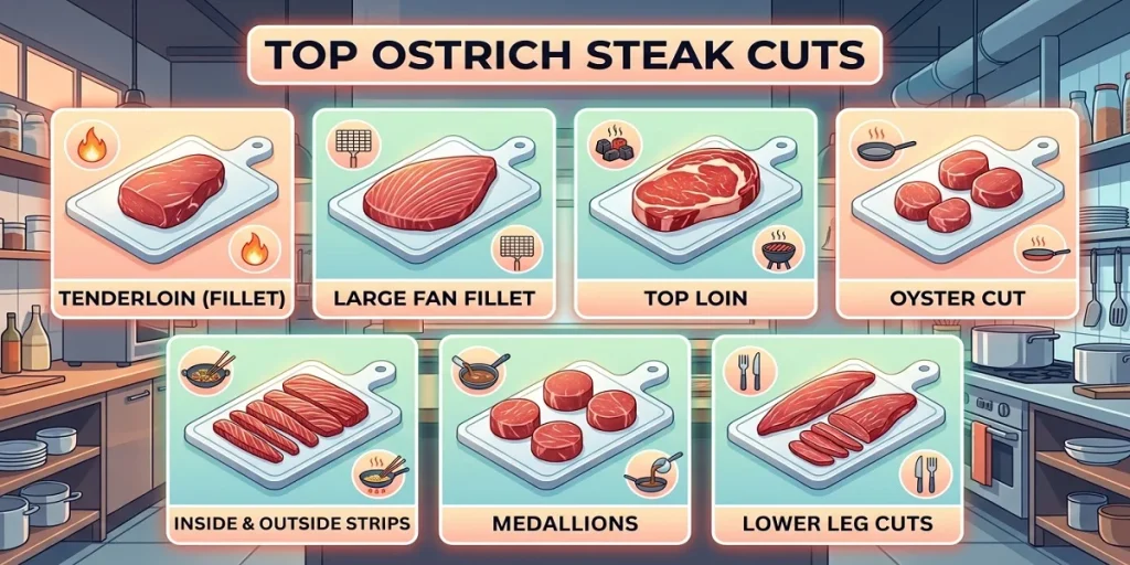 "A guide to top ostrich steak cuts including Tenderloin, Fan Fillet, Top Loin, Oyster Cut, Strips, Medallions, and Lower Leg Cuts on cutting boards."