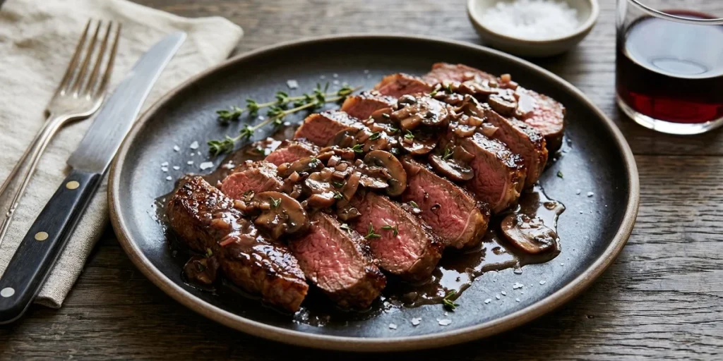 Sliced medium-rare ostrich steak topped with a rich red wine mushroom pan sauce and fresh thyme sprigs on a dark ceramic plate.